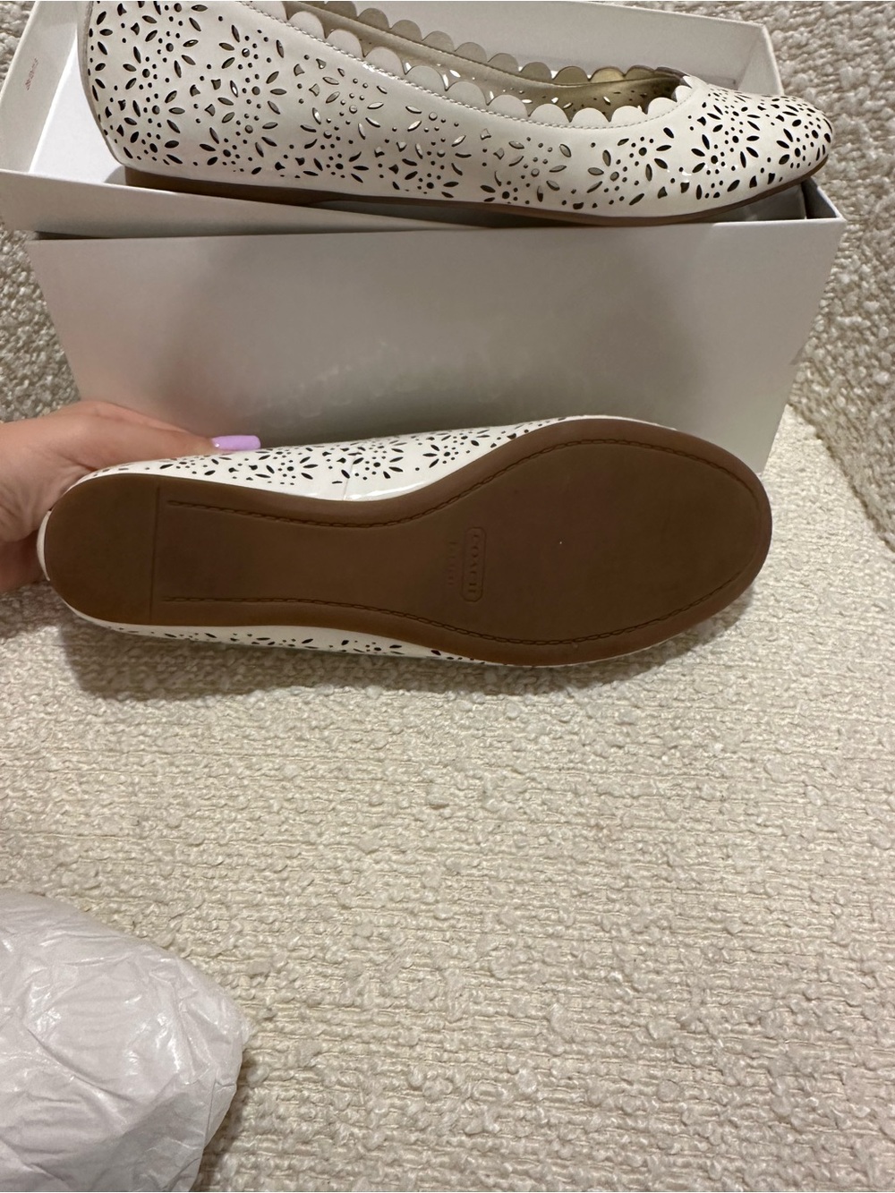 Coach White Laser-Cut Scalloped Ballet Flats - Picture 5 of 6